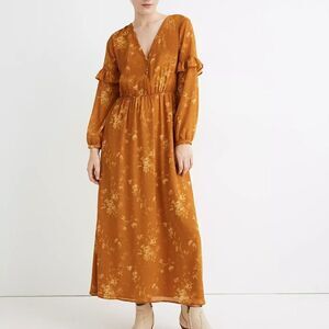 Madewell Sz 4 Midi Ruffle Sleeve Button Front Dress Tonal Botanical AF255 Gold